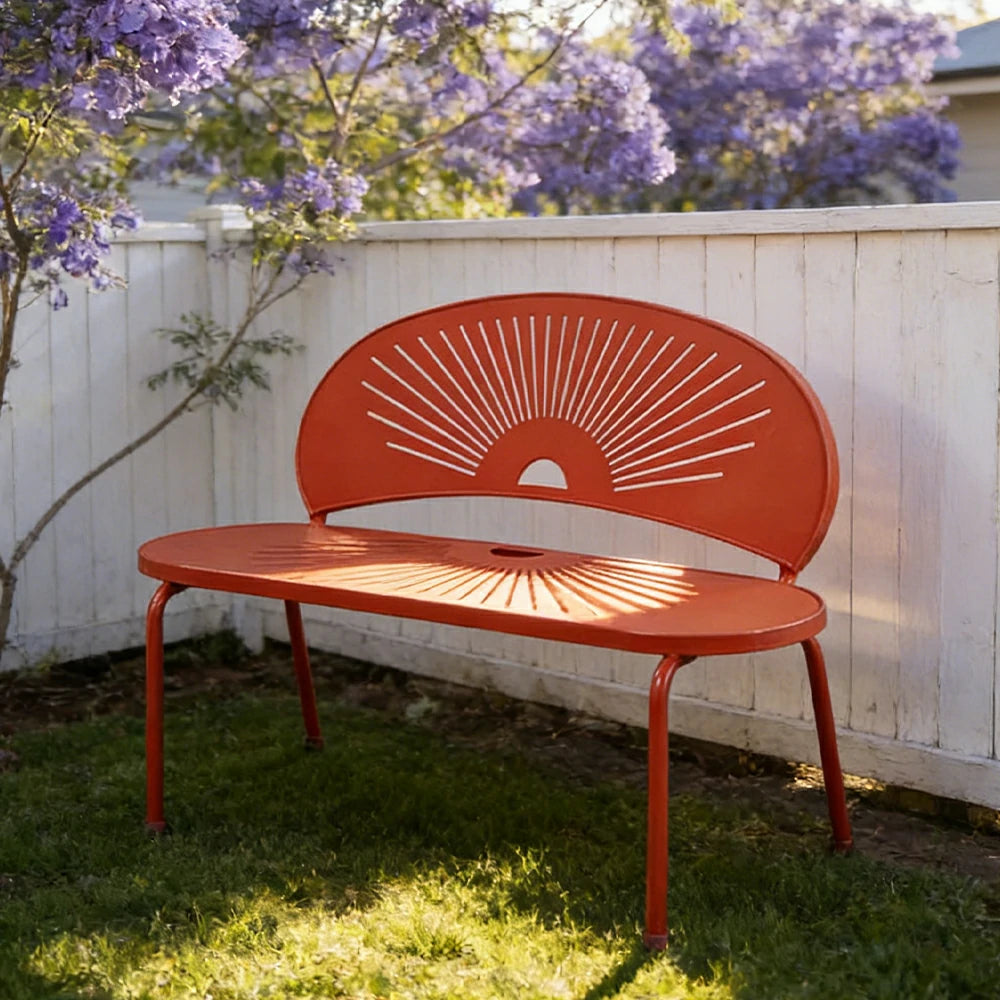 SOLARA Outdoor Bench - Ergonomic Curved Shell Backrest, Breathable Hollow Design, Durable Aluminium Frame, Weather-Resistant Patio Seating - Orange