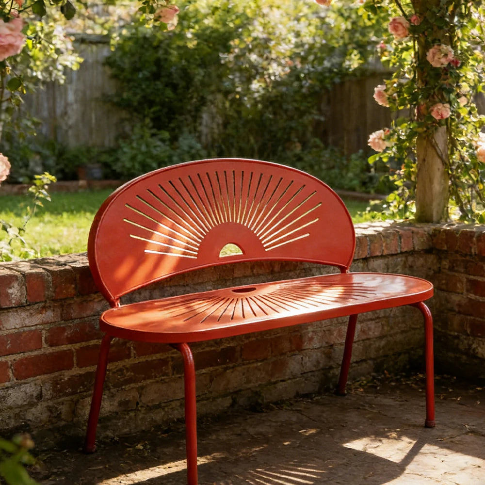 SOLARA Outdoor Bench - Ergonomic Curved Shell Backrest, Breathable Hollow Design, Durable Aluminium Frame, Weather-Resistant Patio Seating - Orange