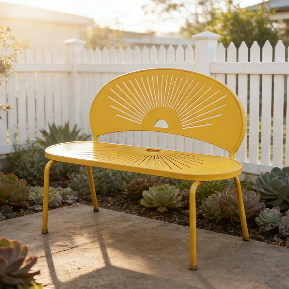SOLARA Outdoor Bench - Ergonomic Curved Shell Backrest, Breathable Hollow Design, Durable Aluminium Frame, Weather-Resistant Patio Seating - Yellow
