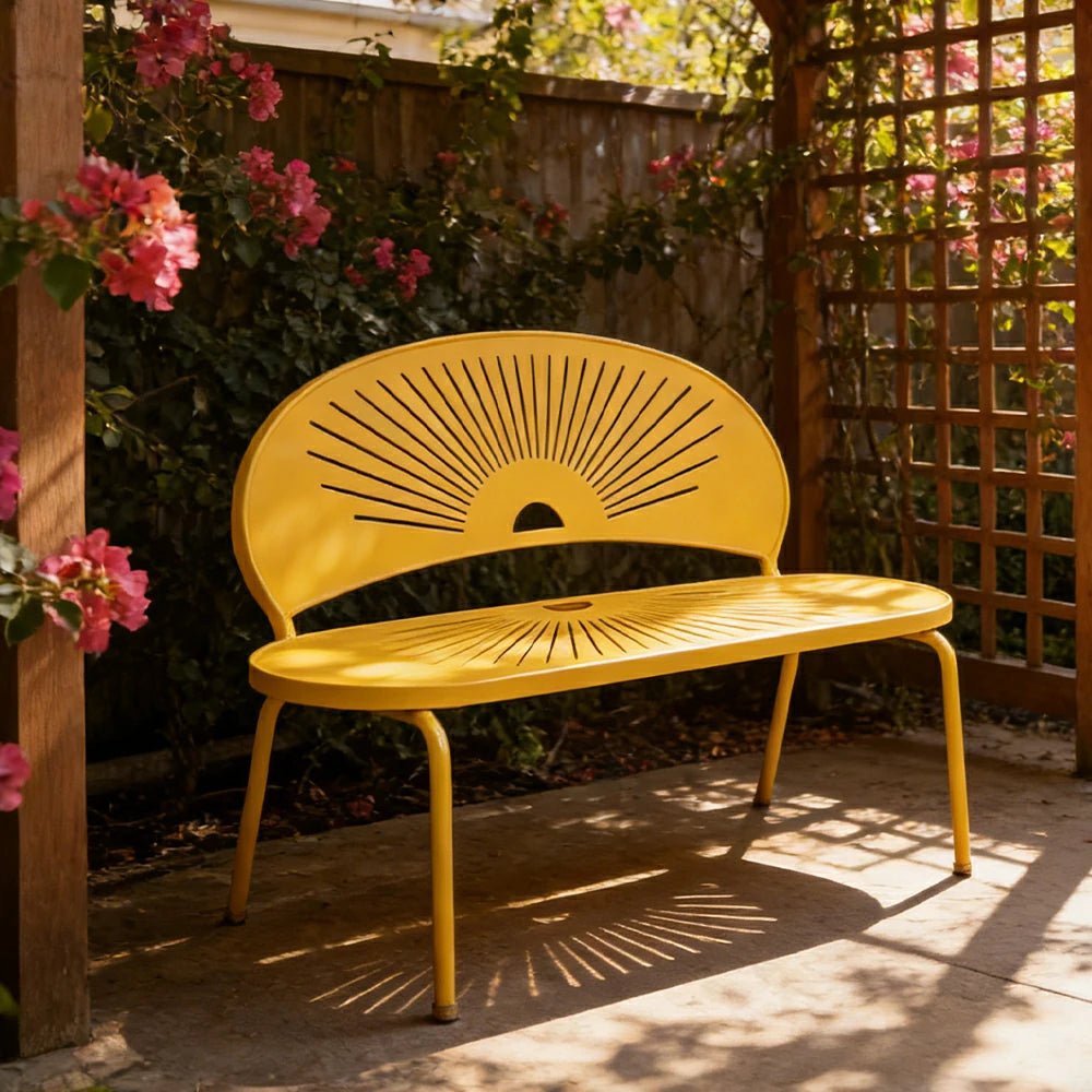 SOLARA Outdoor Bench - Ergonomic Curved Shell Backrest, Breathable Hollow Design, Durable Aluminium Frame, Weather-Resistant Patio Seating - Yellow