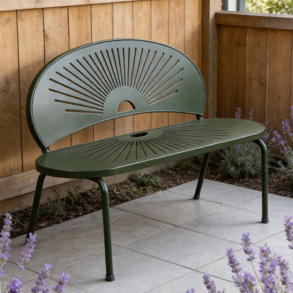 SOLARA Outdoor Bench - Ergonomic Curved Shell Backrest, Breathable Hollow Design, Durable Aluminium Frame, Weather-Resistant Patio Seating - Green