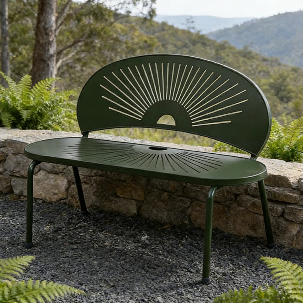 SOLARA Outdoor Bench - Ergonomic Curved Shell Backrest, Breathable Hollow Design, Durable Aluminium Frame, Weather-Resistant Patio Seating - Green