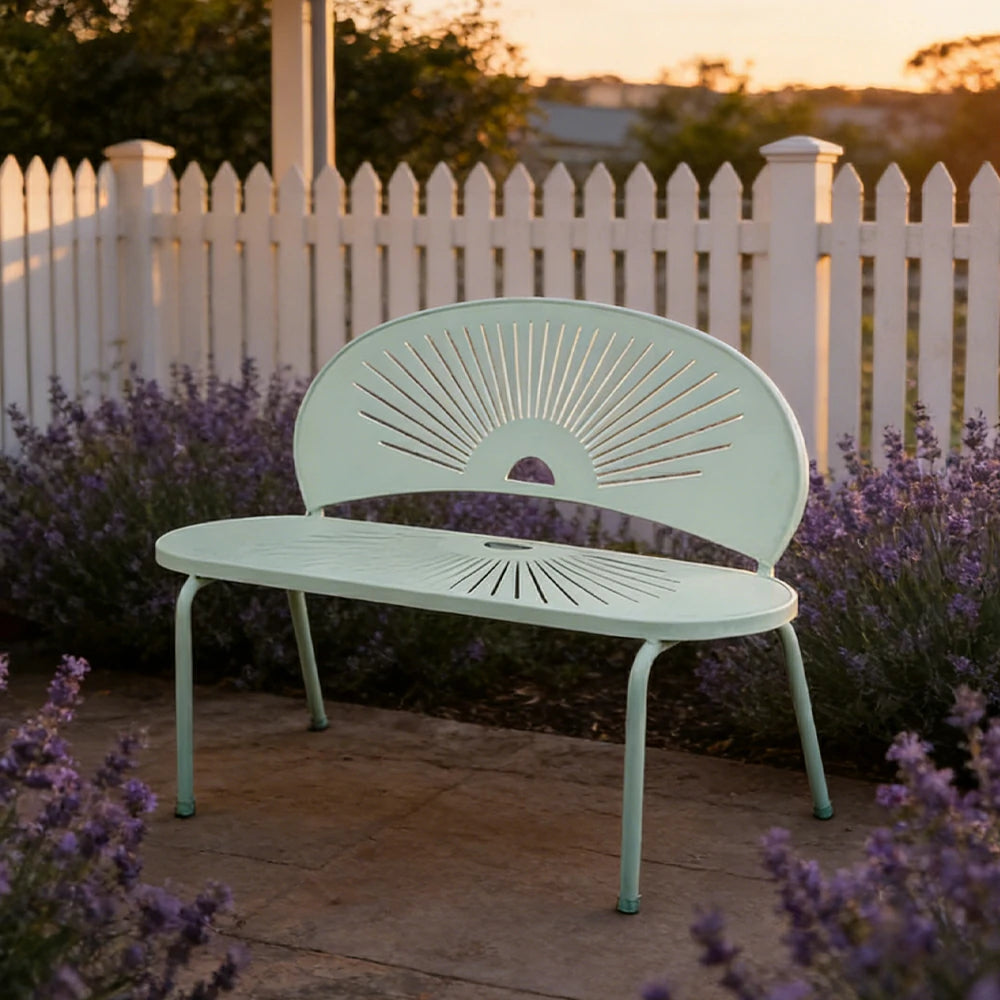 SOLARA Outdoor Bench - Ergonomic Curved Shell Backrest, Breathable Hollow Design, Durable Aluminium Frame, Weather-Resistant Patio Seating - Icy Mint Green
