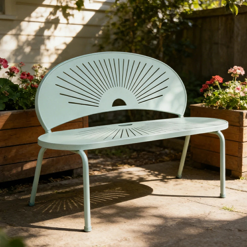 SOLARA Outdoor Bench - Ergonomic Curved Shell Backrest, Breathable Hollow Design, Durable Aluminium Frame, Weather-Resistant Patio Seating - Icy Mint Green
