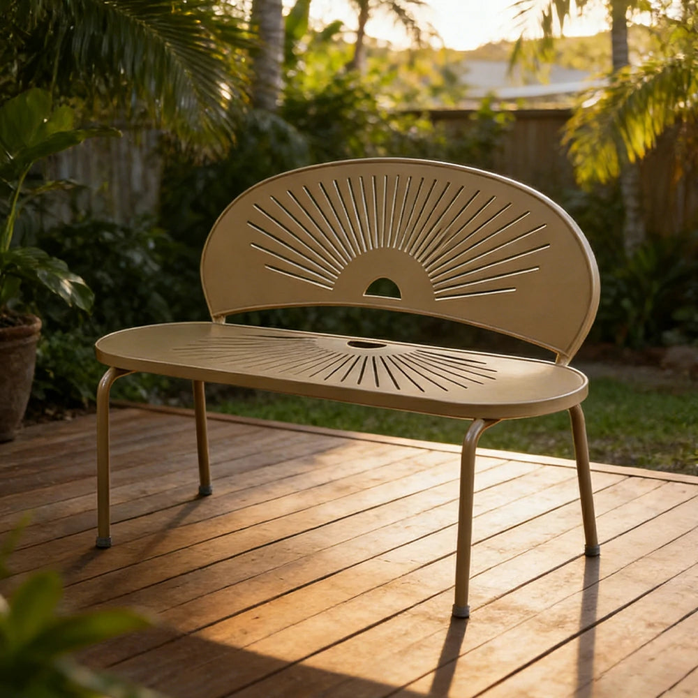 SOLARA Outdoor Bench - Ergonomic Curved Shell Backrest, Breathable Hollow Design, Durable Aluminium Frame, Weather-Resistant Patio Seating - Khaki