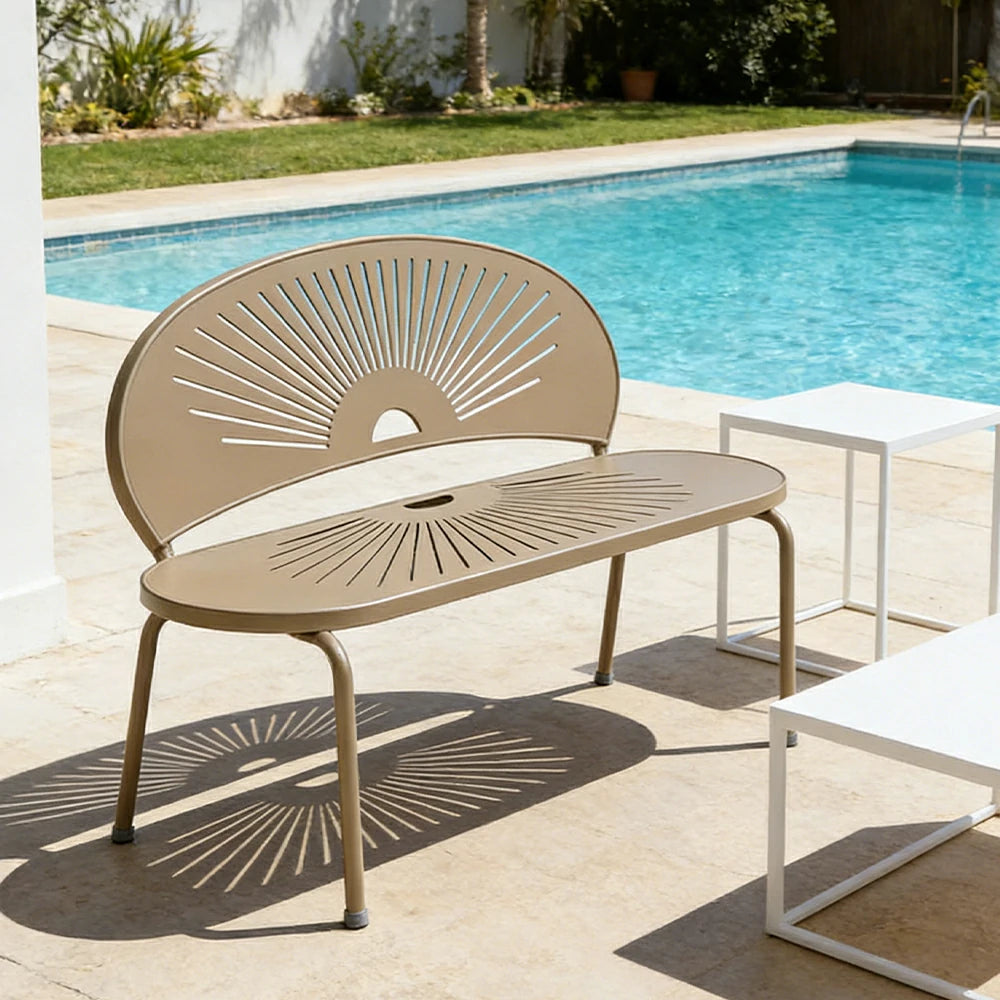 SOLARA Outdoor Bench - Ergonomic Curved Shell Backrest, Breathable Hollow Design, Durable Aluminium Frame, Weather-Resistant Patio Seating - Khaki