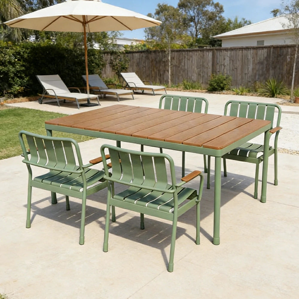SOLARA Long Table and 4 Chairs Outdoor Dining Set - Waterproof WPC Wood Plastic Top, Durable Aluminium Frame, Patio Garden Balcony Seating