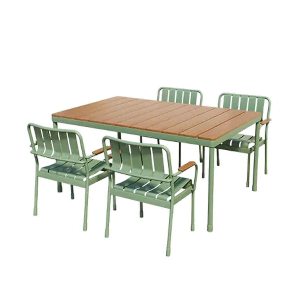 SOLARA Long Table and 4 Chairs Outdoor Dining Set - Waterproof WPC Wood Plastic Top, Durable Aluminium Frame, Patio Garden Balcony Seating