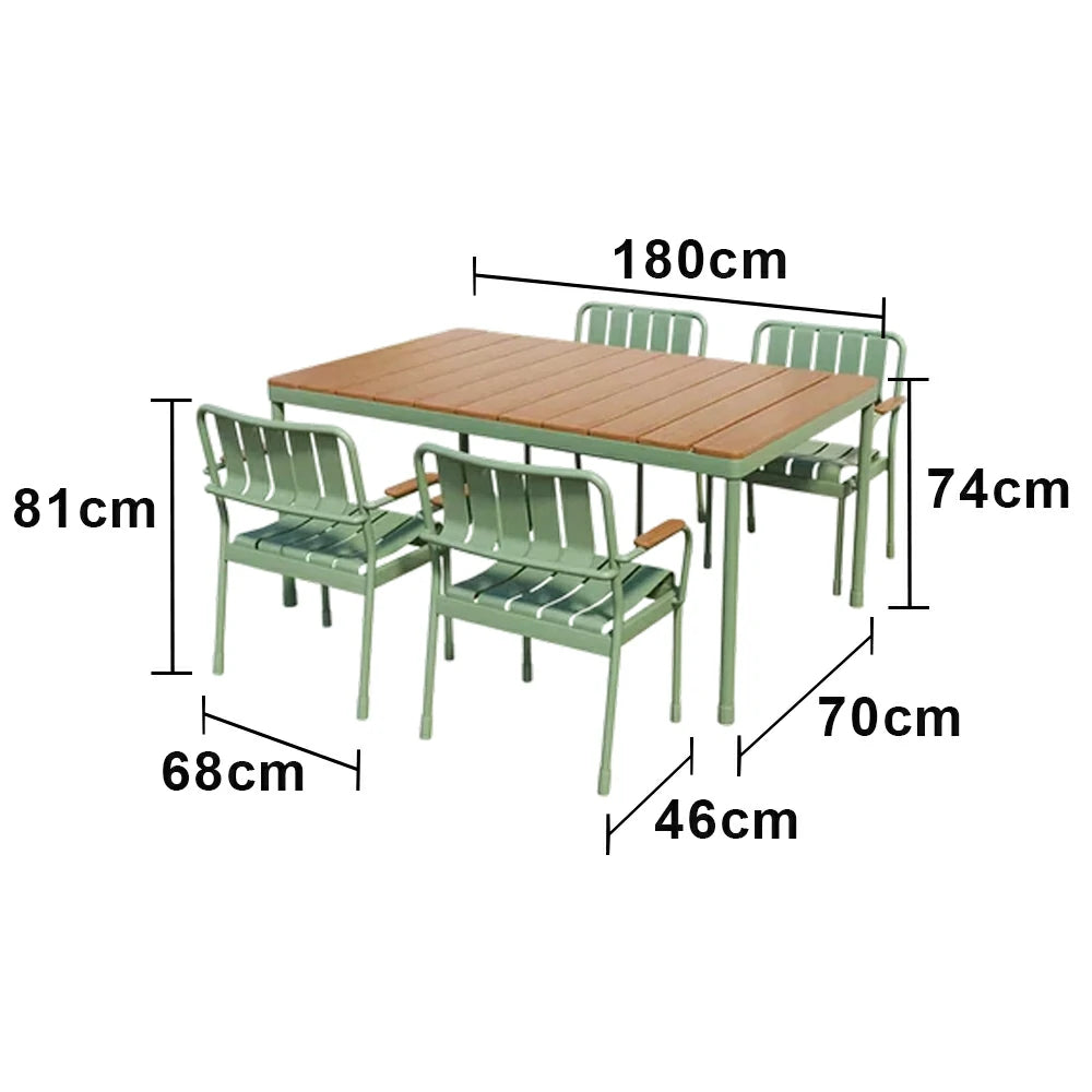 SOLARA Long Table and 4 Chairs Outdoor Dining Set - Waterproof WPC Wood Plastic Top, Durable Aluminium Frame, Patio Garden Balcony Seating