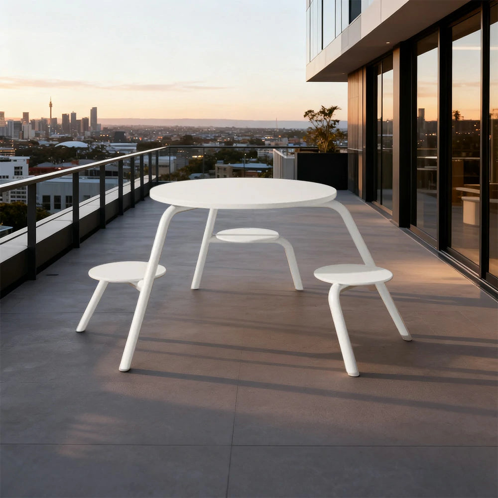 SOLARA Carbon Steel Table & Chair Set 3/4-Seater Ergonomic One-Piece Design High-Temp Coated Finish Stable Load-Bearing Structure - White