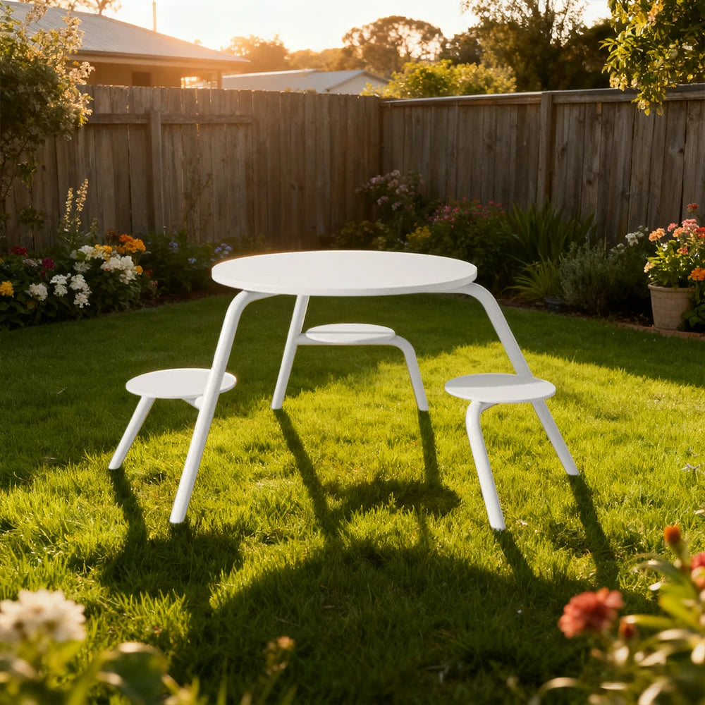 SOLARA Carbon Steel Table & Chair Set 3/4-Seater Ergonomic One-Piece Design High-Temp Coated Finish Stable Load-Bearing Structure - White
