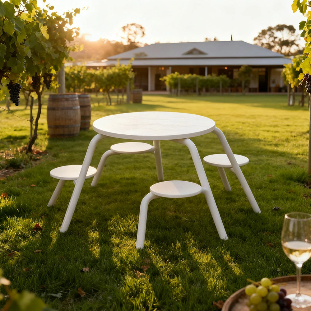 SOLARA Carbon Steel Table & Chair Set 3/4-Seater Ergonomic One-Piece Design High-Temp Coated Finish Stable Load-Bearing Structure - White