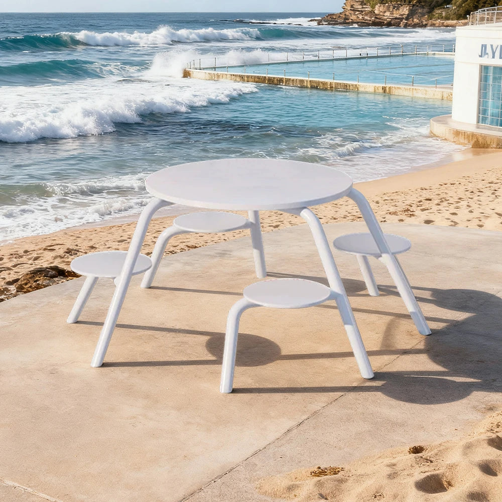 SOLARA Carbon Steel Table & Chair Set 3/4-Seater Ergonomic One-Piece Design High-Temp Coated Finish Stable Load-Bearing Structure - White