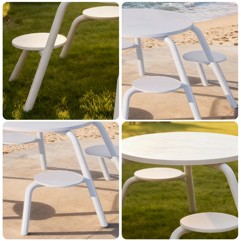 SOLARA Carbon Steel Table & Chair Set 3/4-Seater Ergonomic One-Piece Design High-Temp Coated Finish Stable Load-Bearing Structure - White