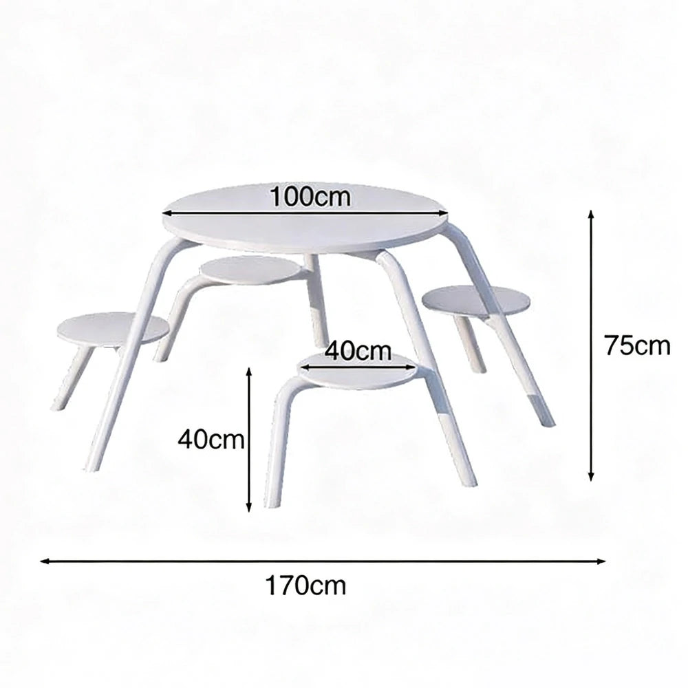 SOLARA Carbon Steel Table & Chair Set 3/4-Seater Ergonomic One-Piece Design High-Temp Coated Finish Stable Load-Bearing Structure - White