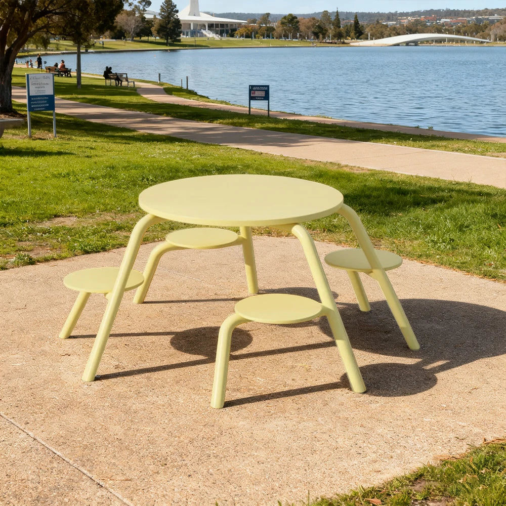 SOLARA Carbon Steel Table & Chair Set 3/4-Seater Ergonomic One-Piece Design High-Temp Coated Finish Stable Load-Bearing Structure - Yellow