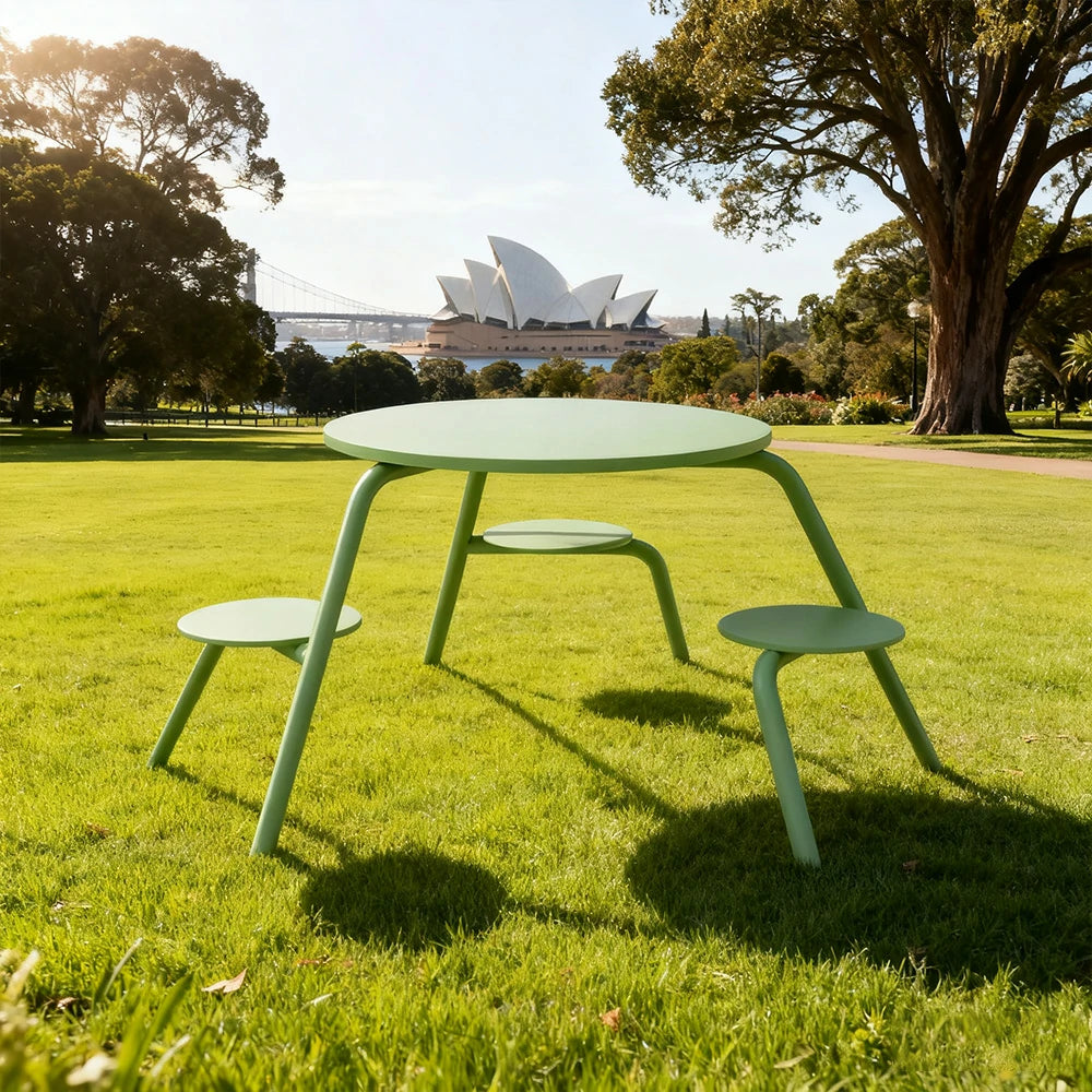 SOLARA Carbon Steel Table & Chair Set 3/4-Seater Ergonomic One-Piece Design High-Temp Coated Finish Stable Load-Bearing Structure - Green