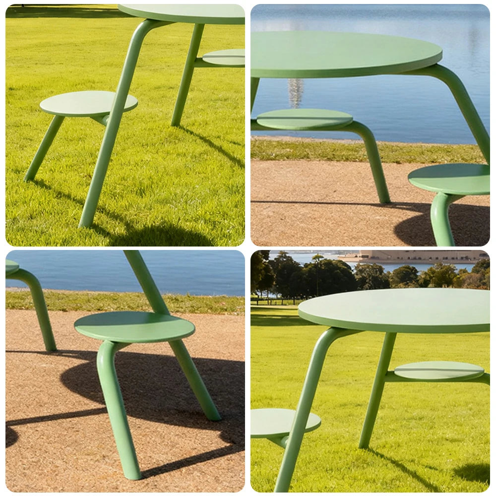 SOLARA Carbon Steel Table & Chair Set 3/4-Seater Ergonomic One-Piece Design High-Temp Coated Finish Stable Load-Bearing Structure - Green
