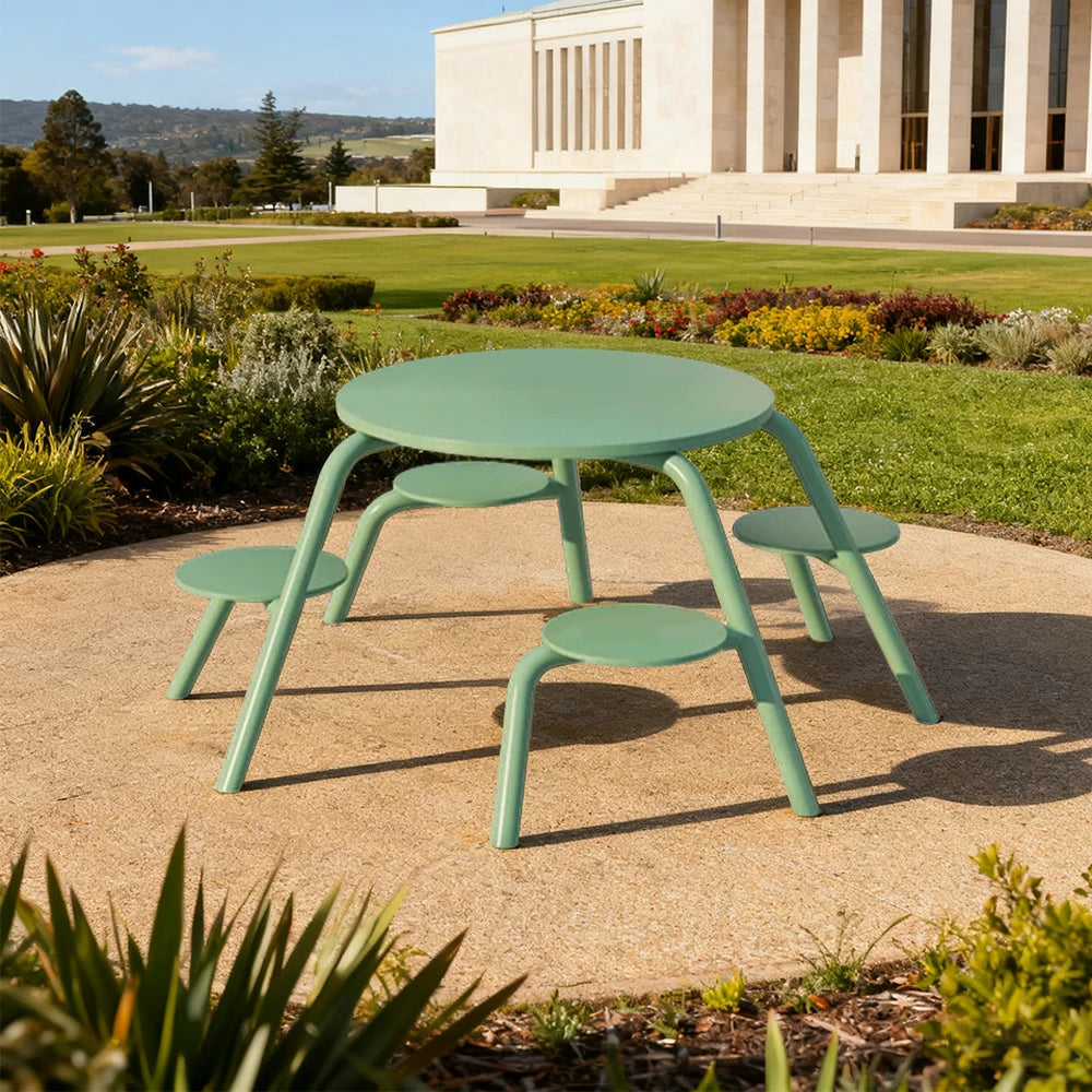 SOLARA Carbon Steel Table & Chair Set 3/4-Seater Ergonomic One-Piece Design High-Temp Coated Finish Stable Load-Bearing Structure - Green