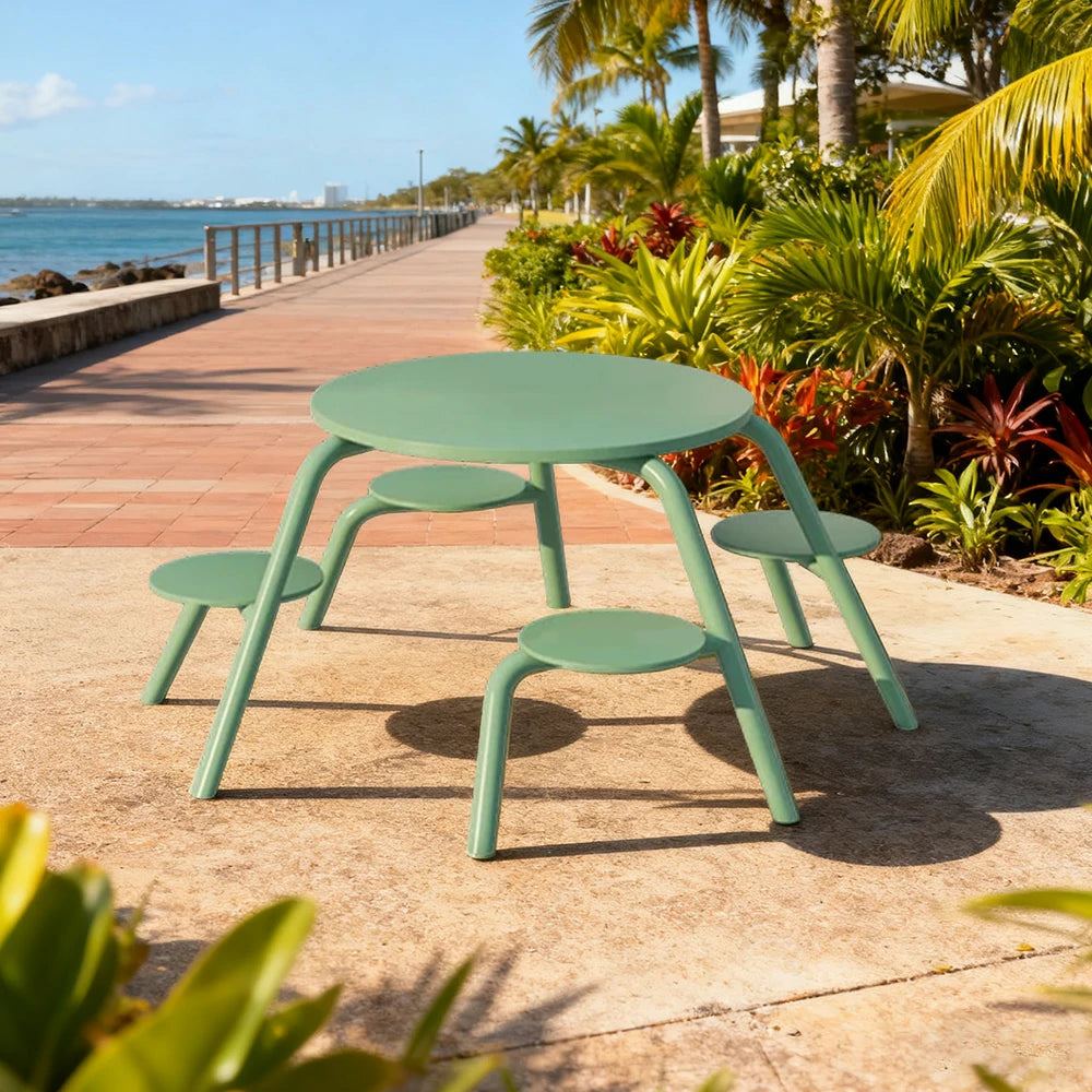 SOLARA Carbon Steel Table & Chair Set 3/4-Seater Ergonomic One-Piece Design High-Temp Coated Finish Stable Load-Bearing Structure - Green