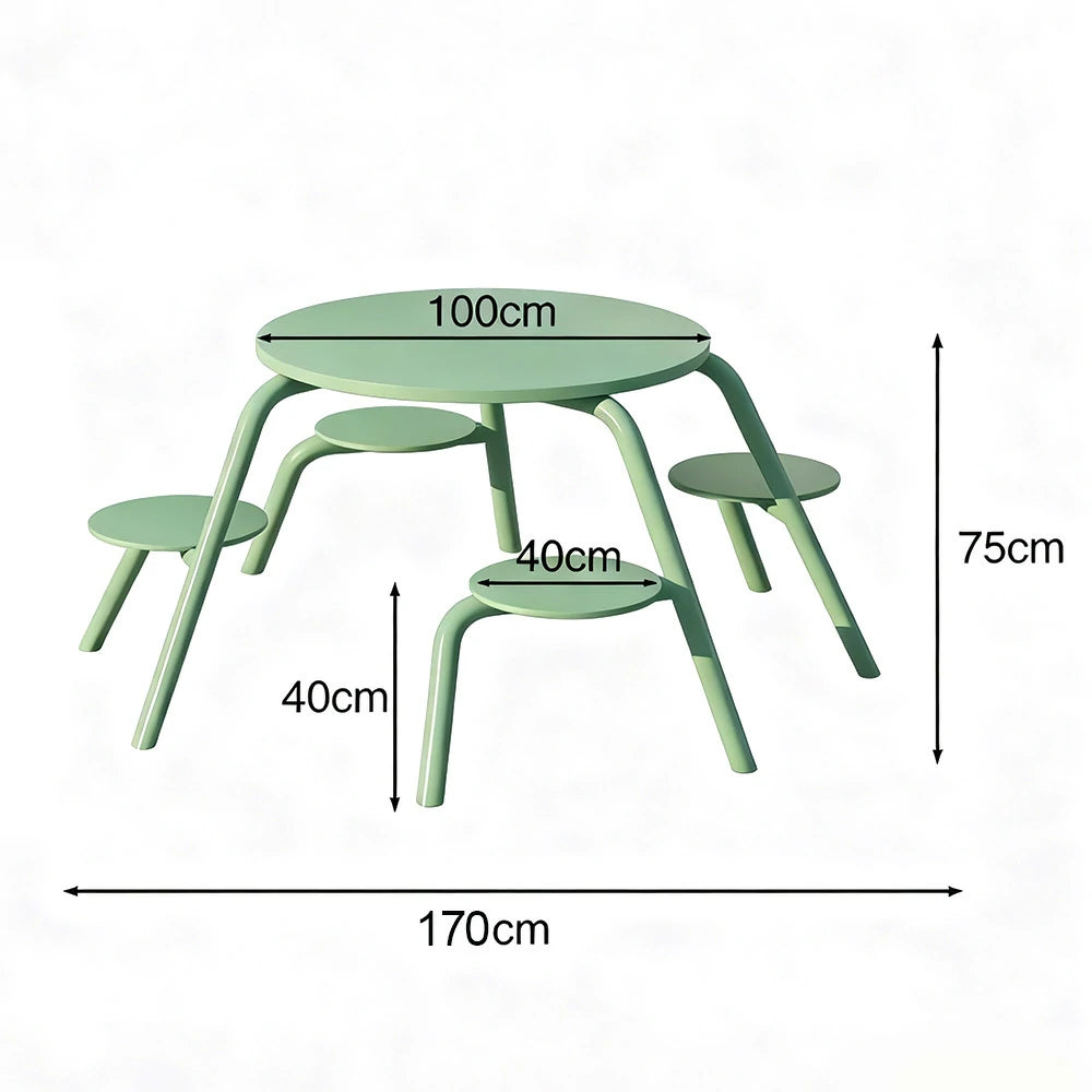 SOLARA Carbon Steel Table & Chair Set 3/4-Seater Ergonomic One-Piece Design High-Temp Coated Finish Stable Load-Bearing Structure - Green