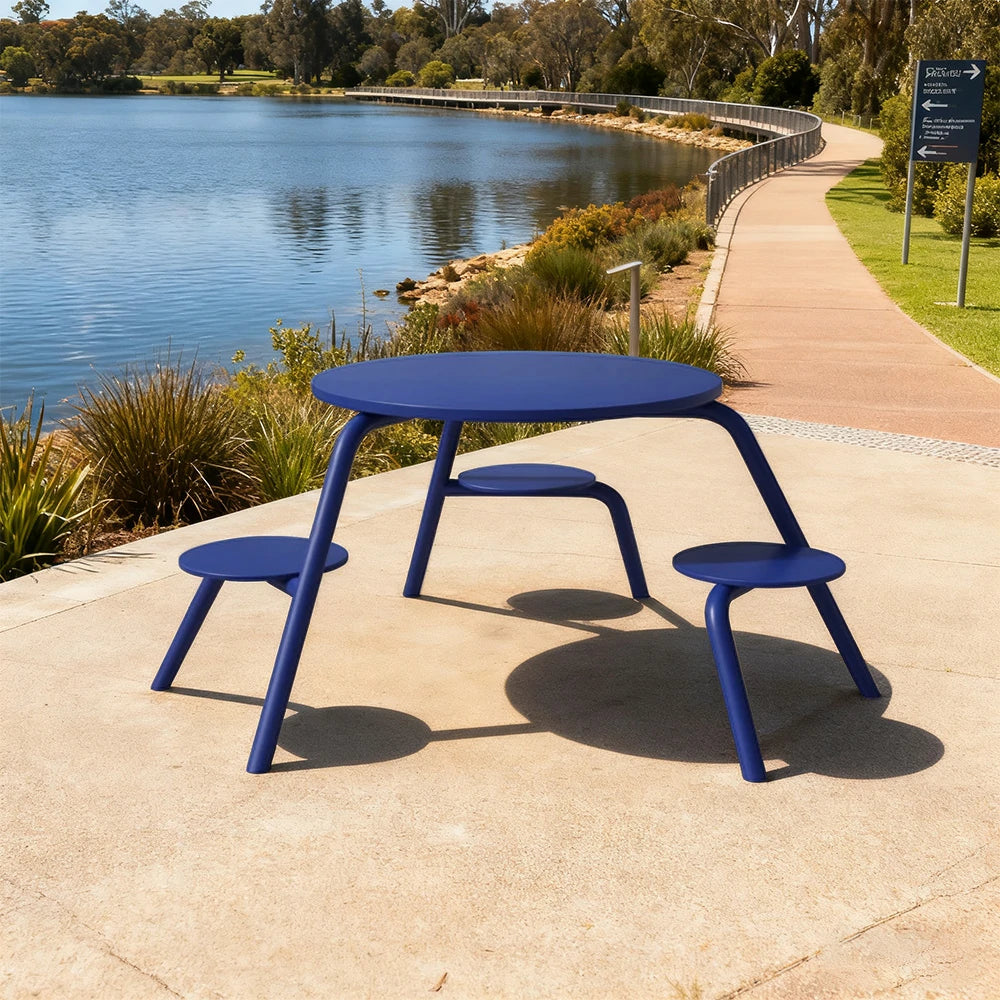 SOLARA Carbon Steel Table & Chair Set 3/4-Seater Ergonomic One-Piece Design High-Temp Coated Finish Stable Load-Bearing Structure - Blue