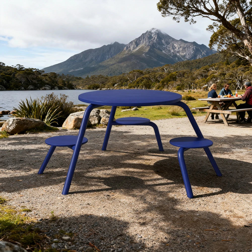 SOLARA Carbon Steel Table & Chair Set 3/4-Seater Ergonomic One-Piece Design High-Temp Coated Finish Stable Load-Bearing Structure - Blue