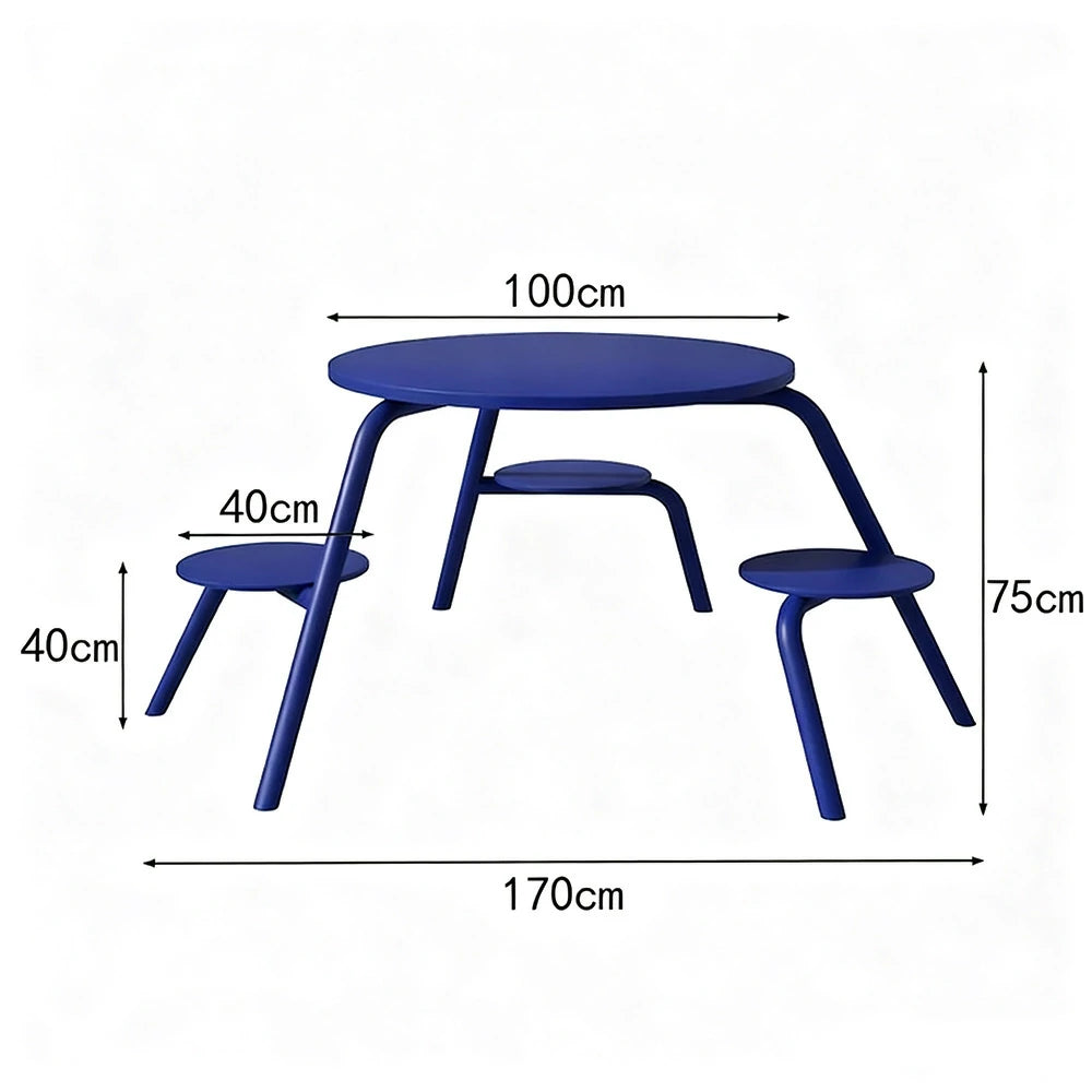 SOLARA Carbon Steel Table & Chair Set 3/4-Seater Ergonomic One-Piece Design High-Temp Coated Finish Stable Load-Bearing Structure - Blue