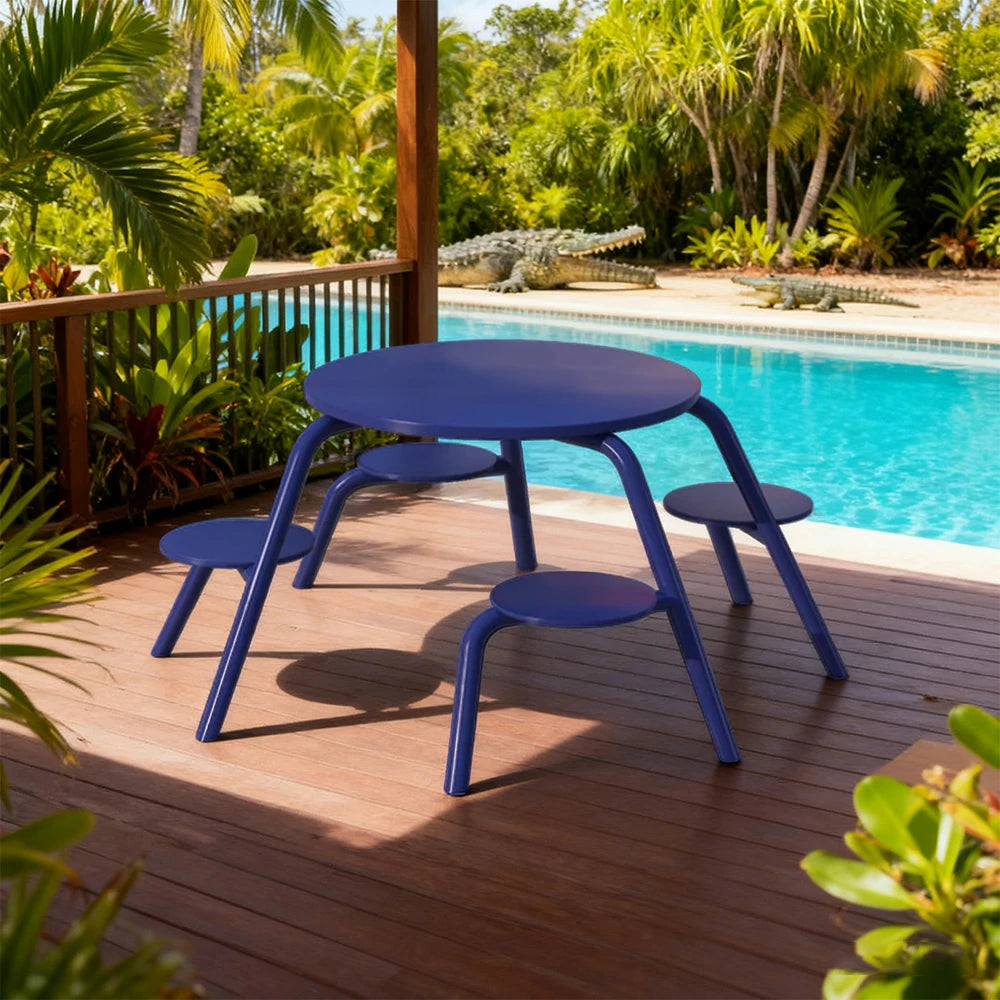 SOLARA Carbon Steel Table & Chair Set 3/4-Seater Ergonomic One-Piece Design High-Temp Coated Finish Stable Load-Bearing Structure - Blue