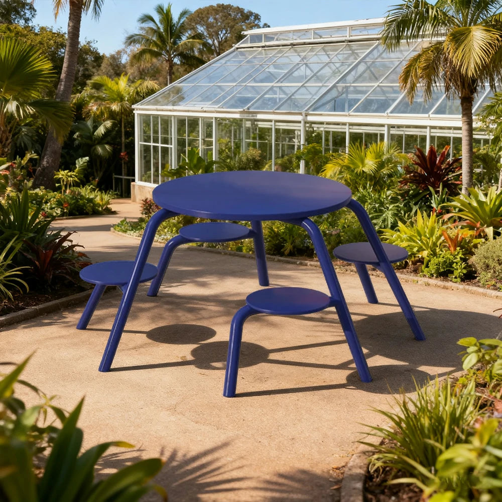 SOLARA Carbon Steel Table & Chair Set 3/4-Seater Ergonomic One-Piece Design High-Temp Coated Finish Stable Load-Bearing Structure - Blue