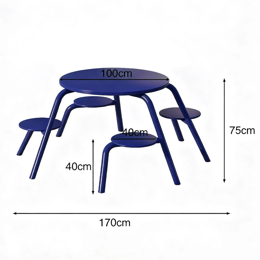 SOLARA Carbon Steel Table & Chair Set 3/4-Seater Ergonomic One-Piece Design High-Temp Coated Finish Stable Load-Bearing Structure - Blue