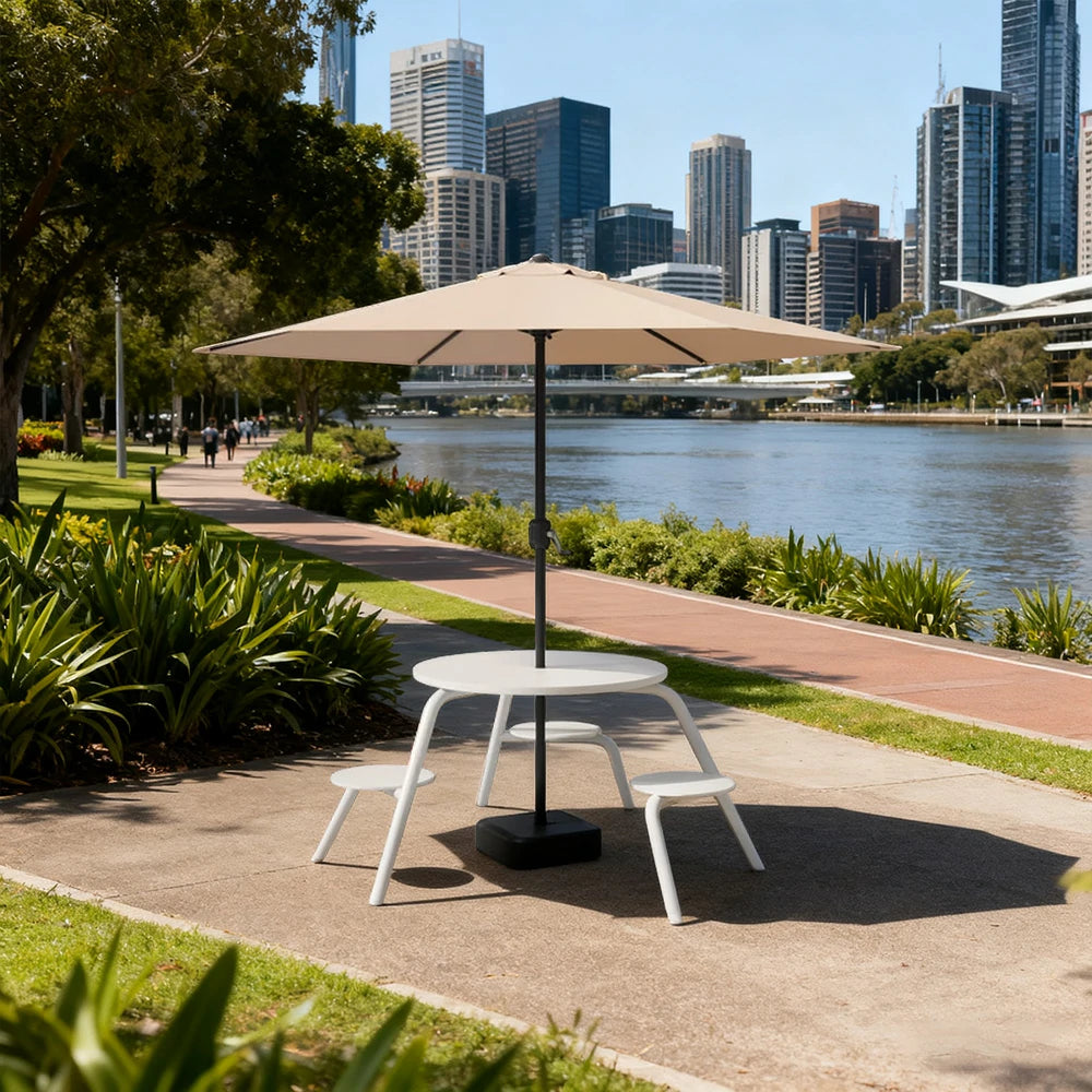 SOLARA Carbon Steel Table, Chair & Umbrella Set 3/4-Seater Ergonomic One-Piece Design High-Temp Coated Finish Stable Load-Bearing Structure - White