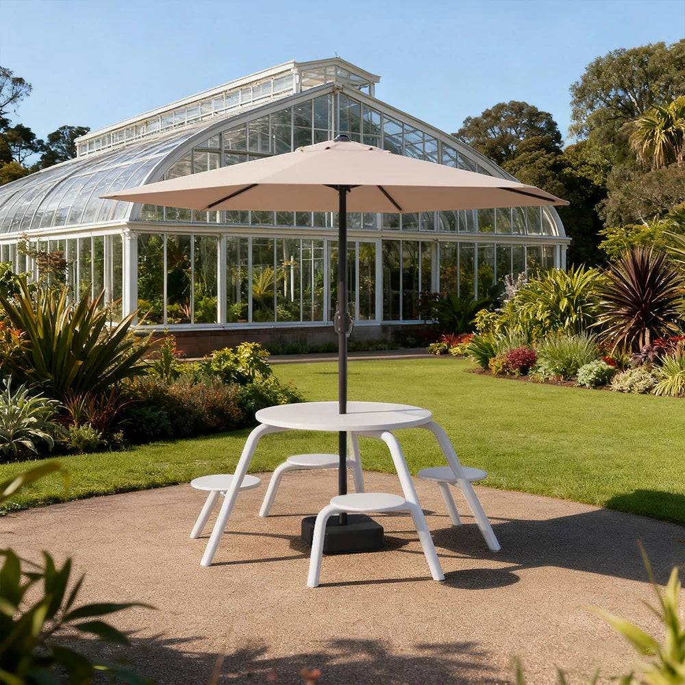 SOLARA Carbon Steel Table, Chair & Umbrella Set 3/4-Seater Ergonomic One-Piece Design High-Temp Coated Finish Stable Load-Bearing Structure - White