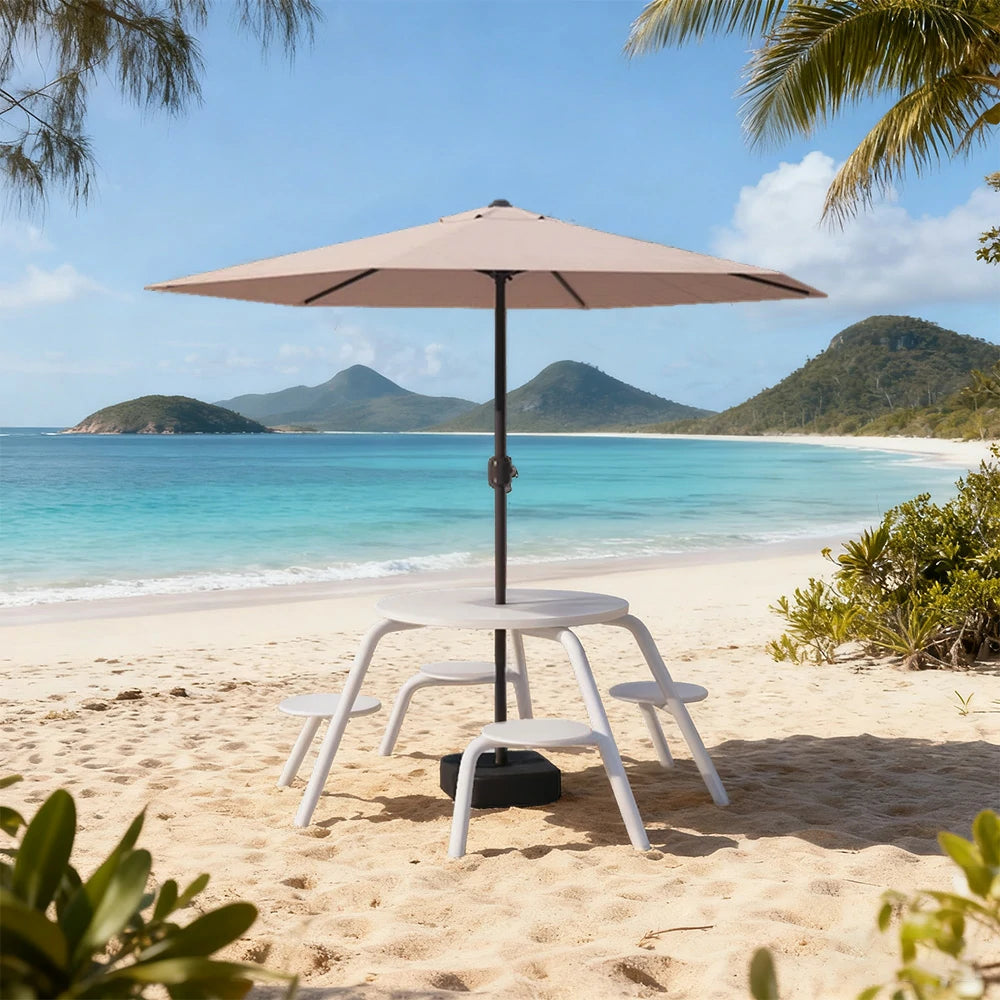 SOLARA Carbon Steel Table, Chair & Umbrella Set 3/4-Seater Ergonomic One-Piece Design High-Temp Coated Finish Stable Load-Bearing Structure - White