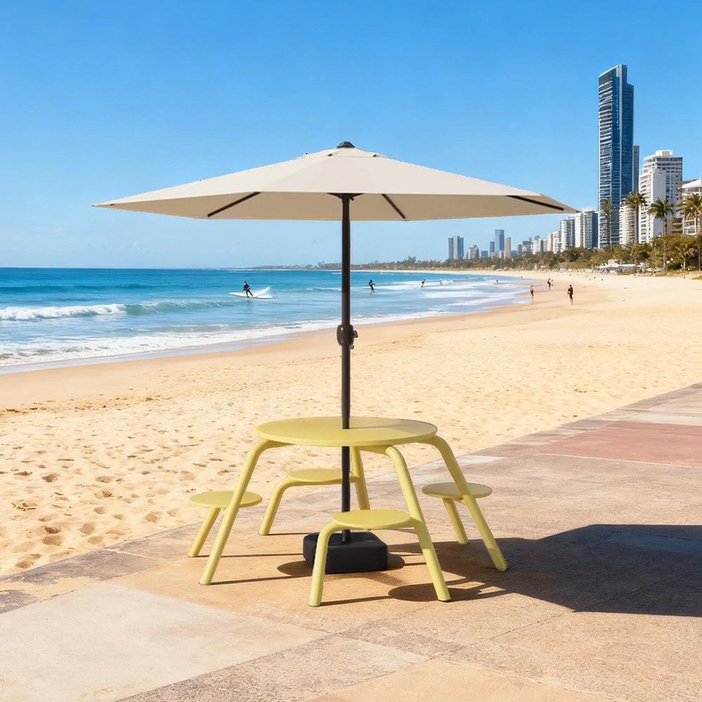 SOLARA Carbon Steel Table, Chair & Umbrella Set 3/4-Seater Ergonomic One-Piece Design High-Temp Coated Finish Stable Load-Bearing Structure - Yellow