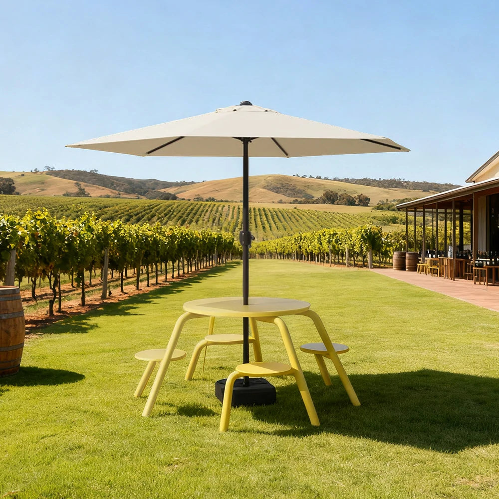 SOLARA Carbon Steel Table, Chair & Umbrella Set 3/4-Seater Ergonomic One-Piece Design High-Temp Coated Finish Stable Load-Bearing Structure - Yellow