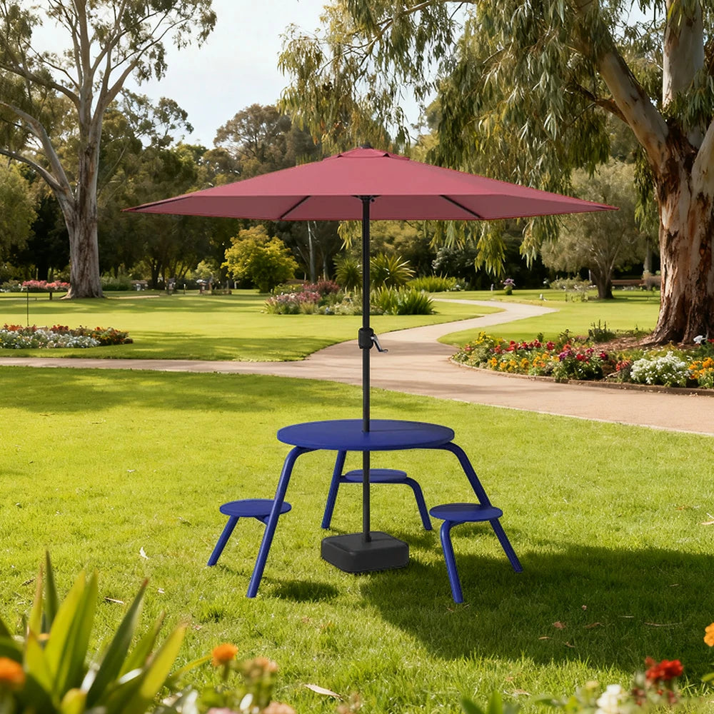 SOLARA Carbon Steel Table, Chair & Umbrella Set 3/4-Seater Ergonomic One-Piece Design High-Temp Coated Finish Stable Load-Bearing Structure - Blue