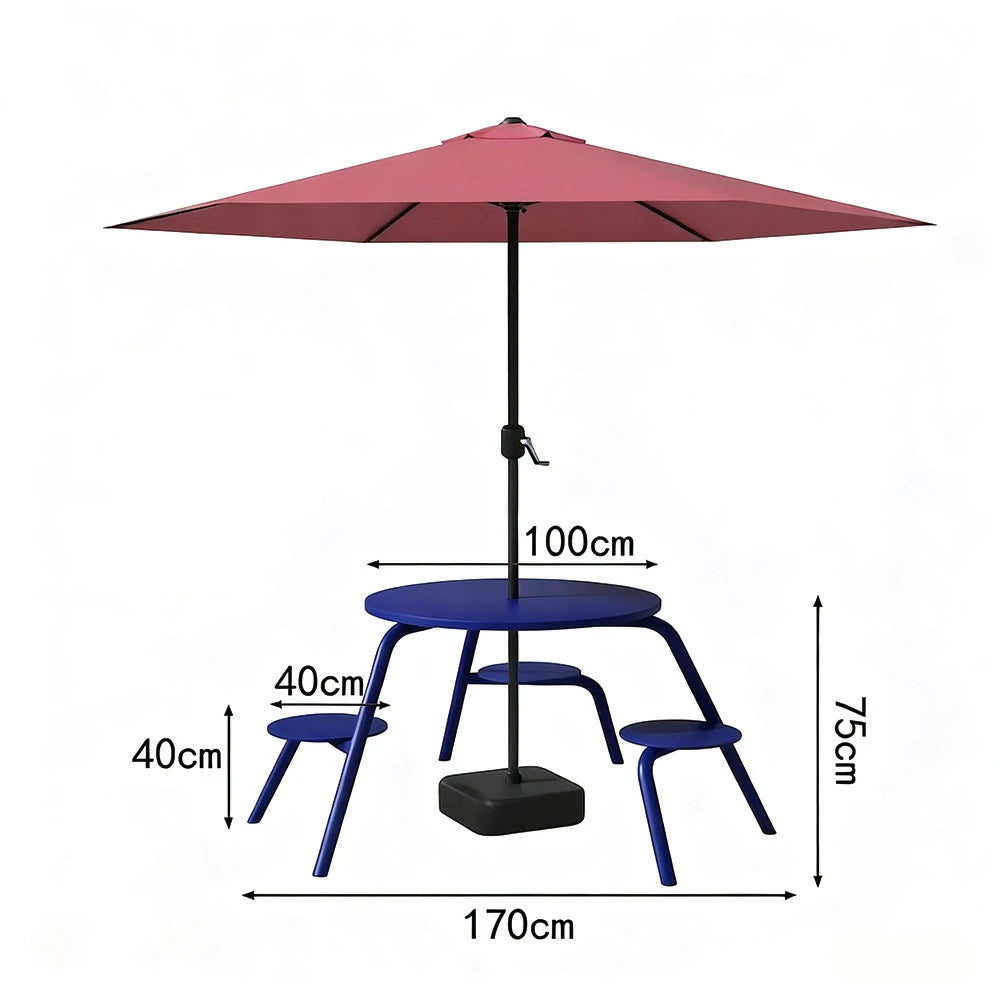 SOLARA Carbon Steel Table, Chair & Umbrella Set 3/4-Seater Ergonomic One-Piece Design High-Temp Coated Finish Stable Load-Bearing Structure - Blue