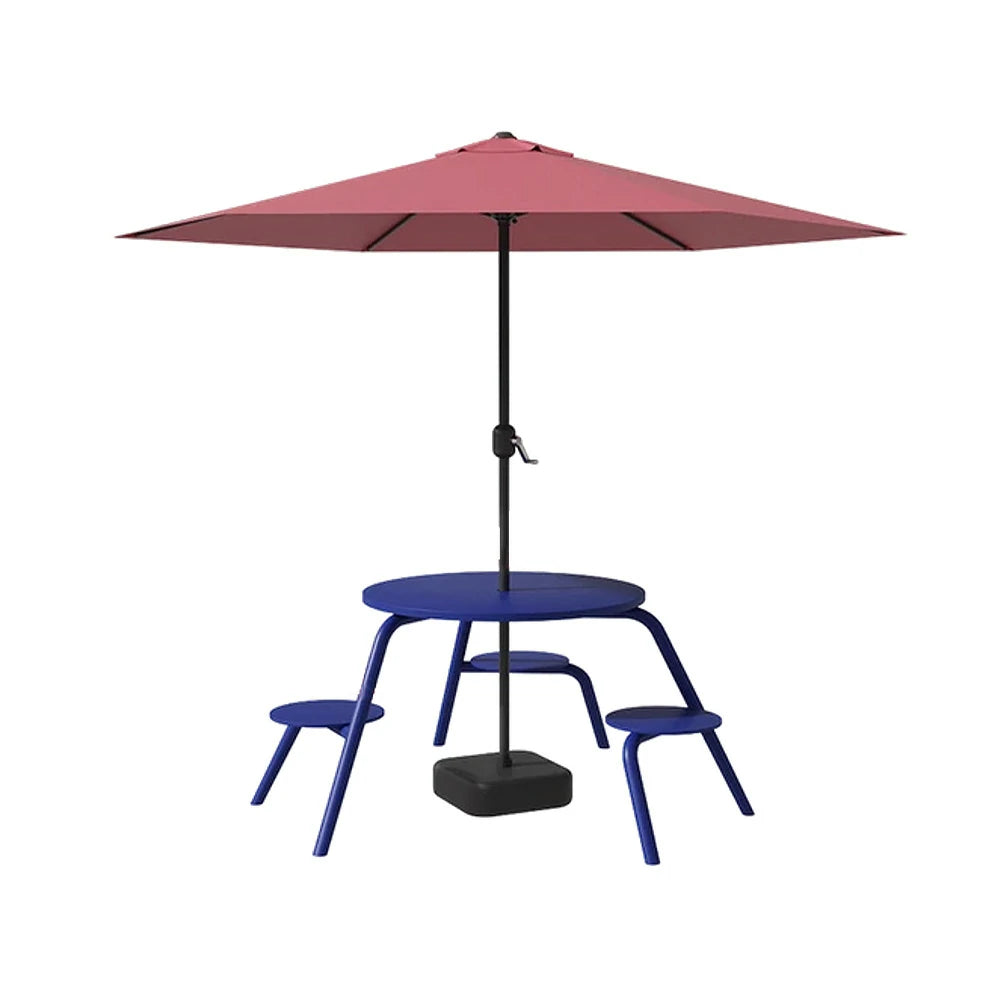 SOLARA Carbon Steel Table, Chair & Umbrella Set 3/4-Seater Ergonomic One-Piece Design High-Temp Coated Finish Stable Load-Bearing Structure - Blue