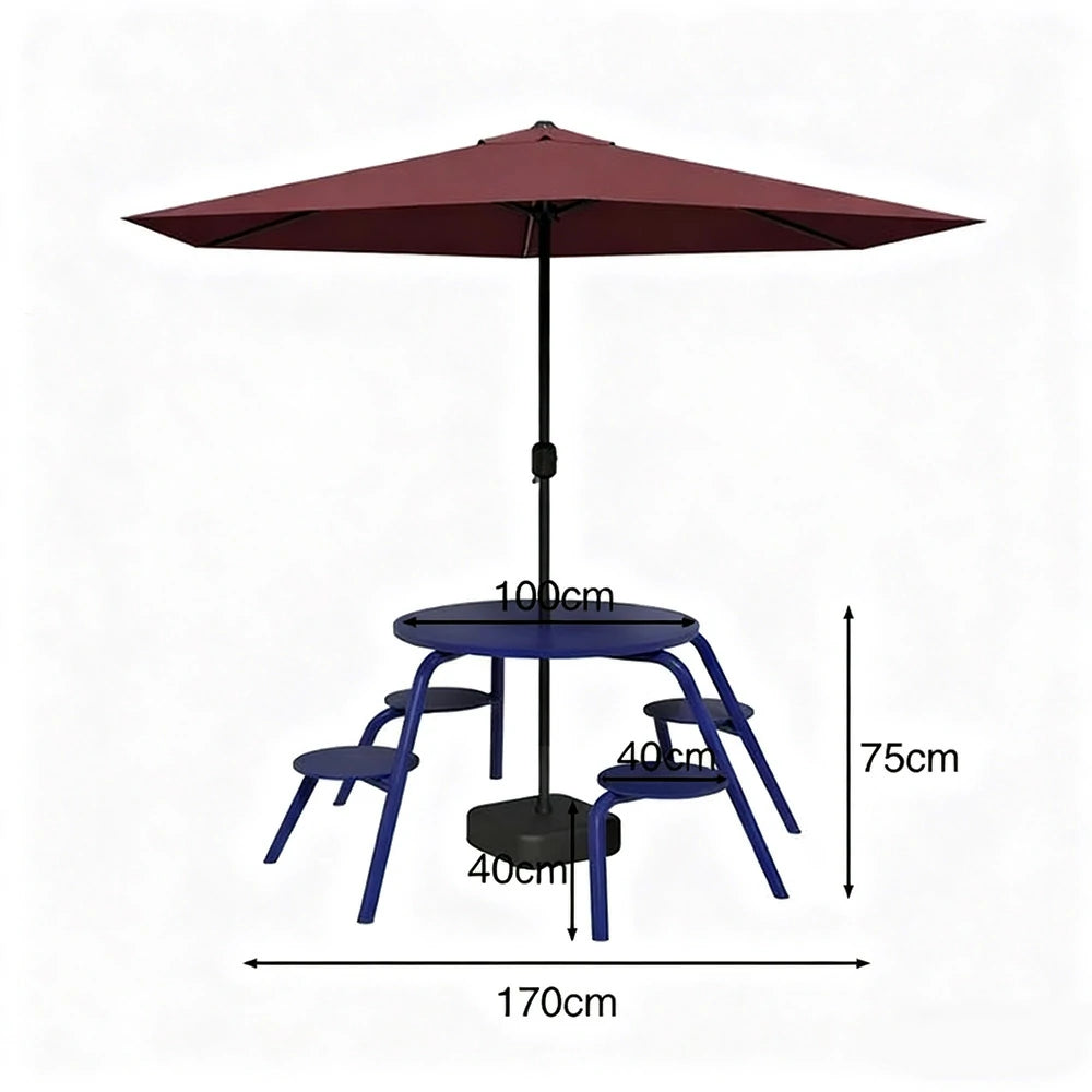 SOLARA Carbon Steel Table, Chair & Umbrella Set 3/4-Seater Ergonomic One-Piece Design High-Temp Coated Finish Stable Load-Bearing Structure - Blue