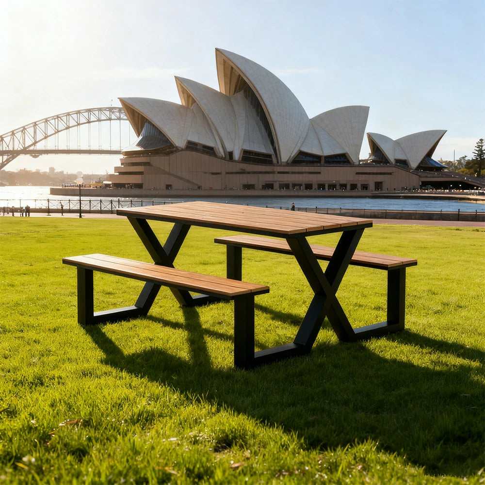 SOLARA Outdoor Table & Chair Set 120/160/200cm Waterproof Sun-Resistant Plastic-Wood Surface Carbon Steel Frame Stable Anti-Corrosion Design - Black