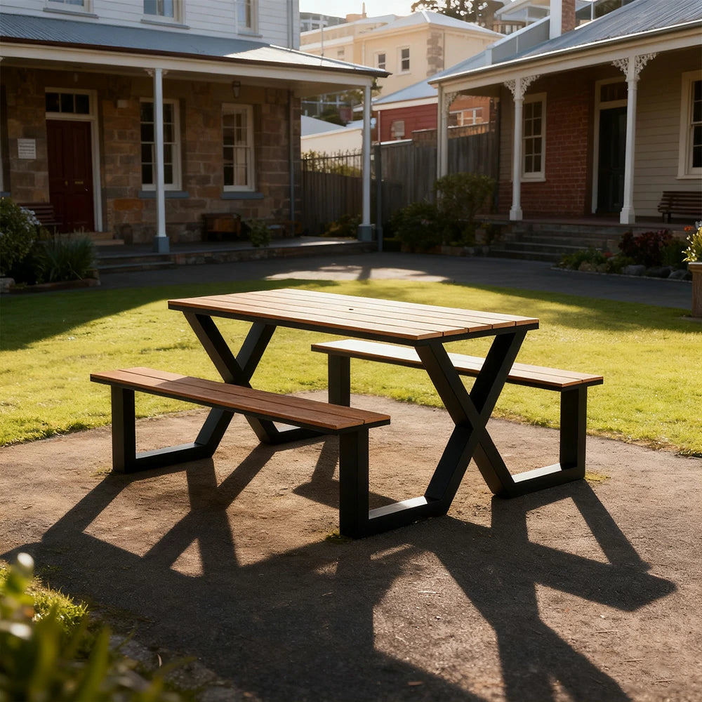 SOLARA Outdoor Table & Chair Set 120/160/200cm Waterproof Sun-Resistant Plastic-Wood Surface Carbon Steel Frame Stable Anti-Corrosion Design - Black