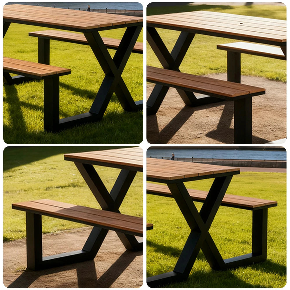 SOLARA Outdoor Table & Chair Set 120/160/200cm Waterproof Sun-Resistant Plastic-Wood Surface Carbon Steel Frame Stable Anti-Corrosion Design - Black