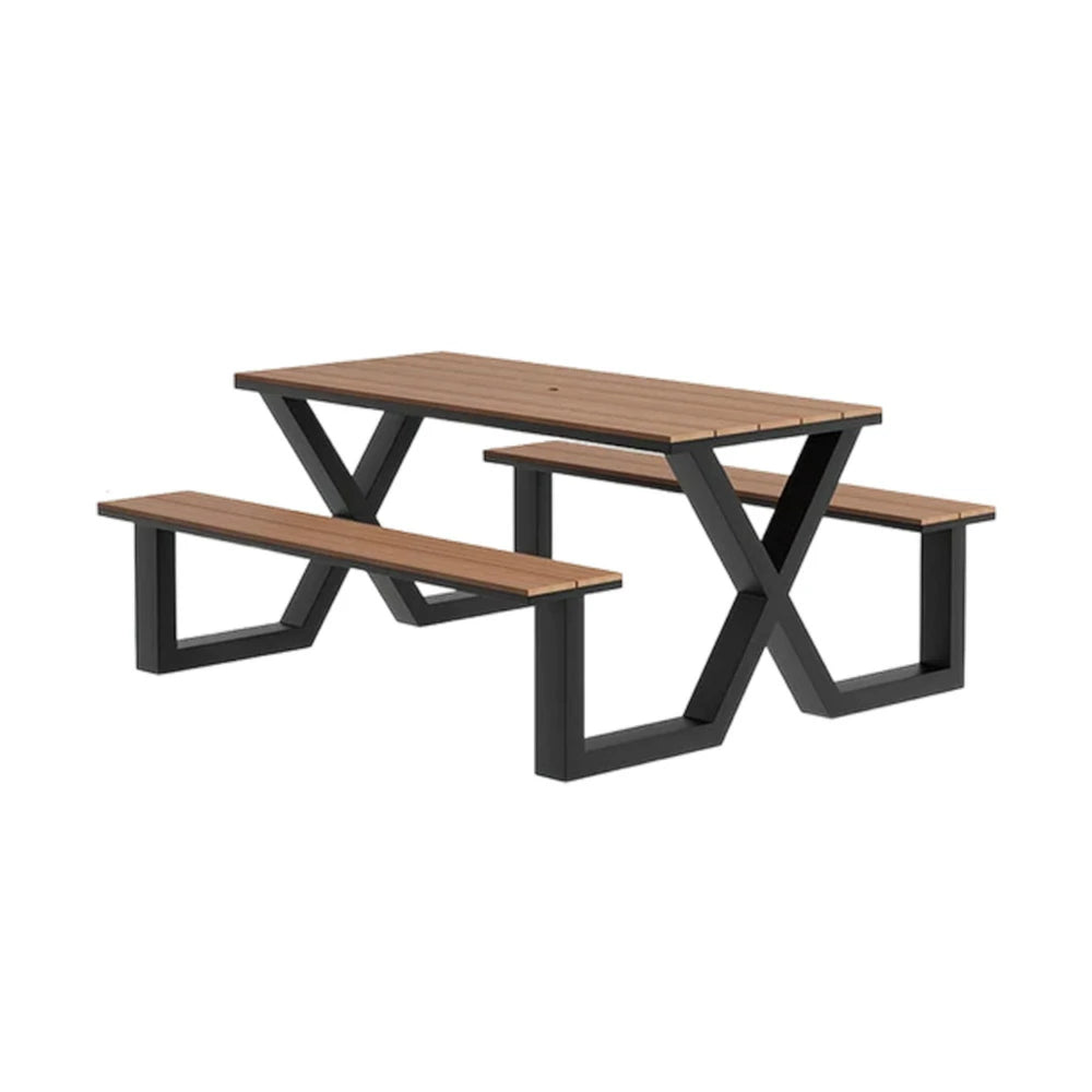 SOLARA Outdoor Table & Chair Set 120/160/200cm Waterproof Sun-Resistant Plastic-Wood Surface Carbon Steel Frame Stable Anti-Corrosion Design - Black