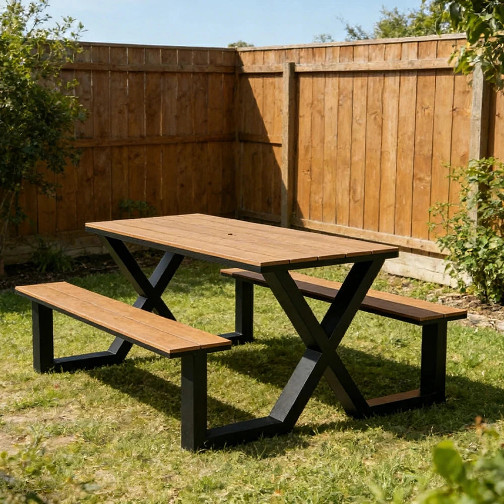 SOLARA Outdoor Table and Chair Set 150cm Waterproof Sun Resistant Plastic Wood Top Carbon Steel Frame Stable Anti Corrosion - Black