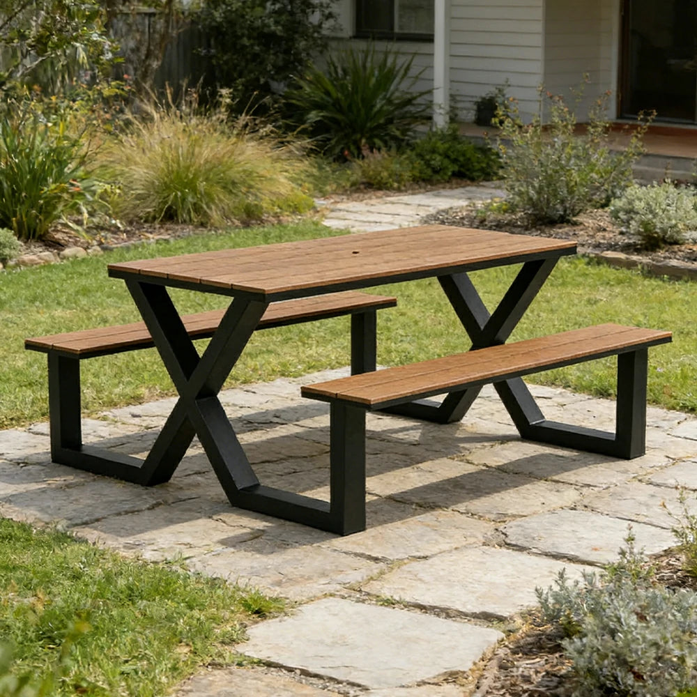 SOLARA Outdoor Table and Chair Set 150cm Waterproof Sun Resistant Plastic Wood Top Carbon Steel Frame Stable Anti Corrosion - Black