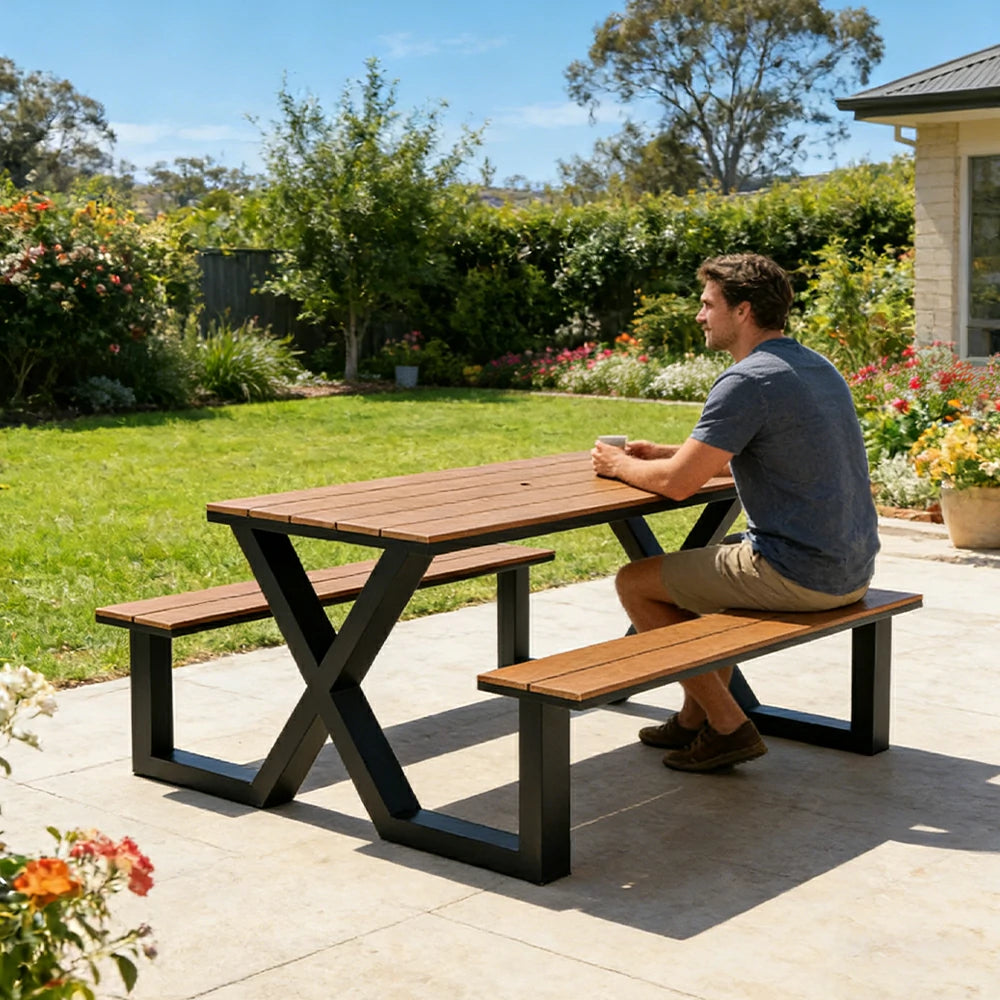 SOLARA Outdoor Table and Chair Set 150cm Waterproof Sun Resistant Plastic Wood Top Carbon Steel Frame Stable Anti Corrosion - Black