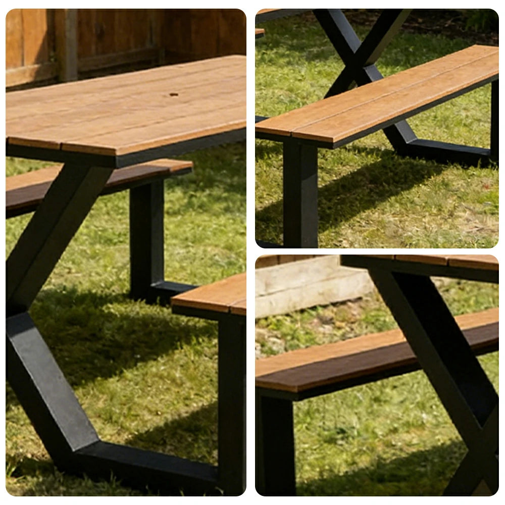 SOLARA Outdoor Table and Chair Set 150cm Waterproof Sun Resistant Plastic Wood Top Carbon Steel Frame Stable Anti Corrosion - Black