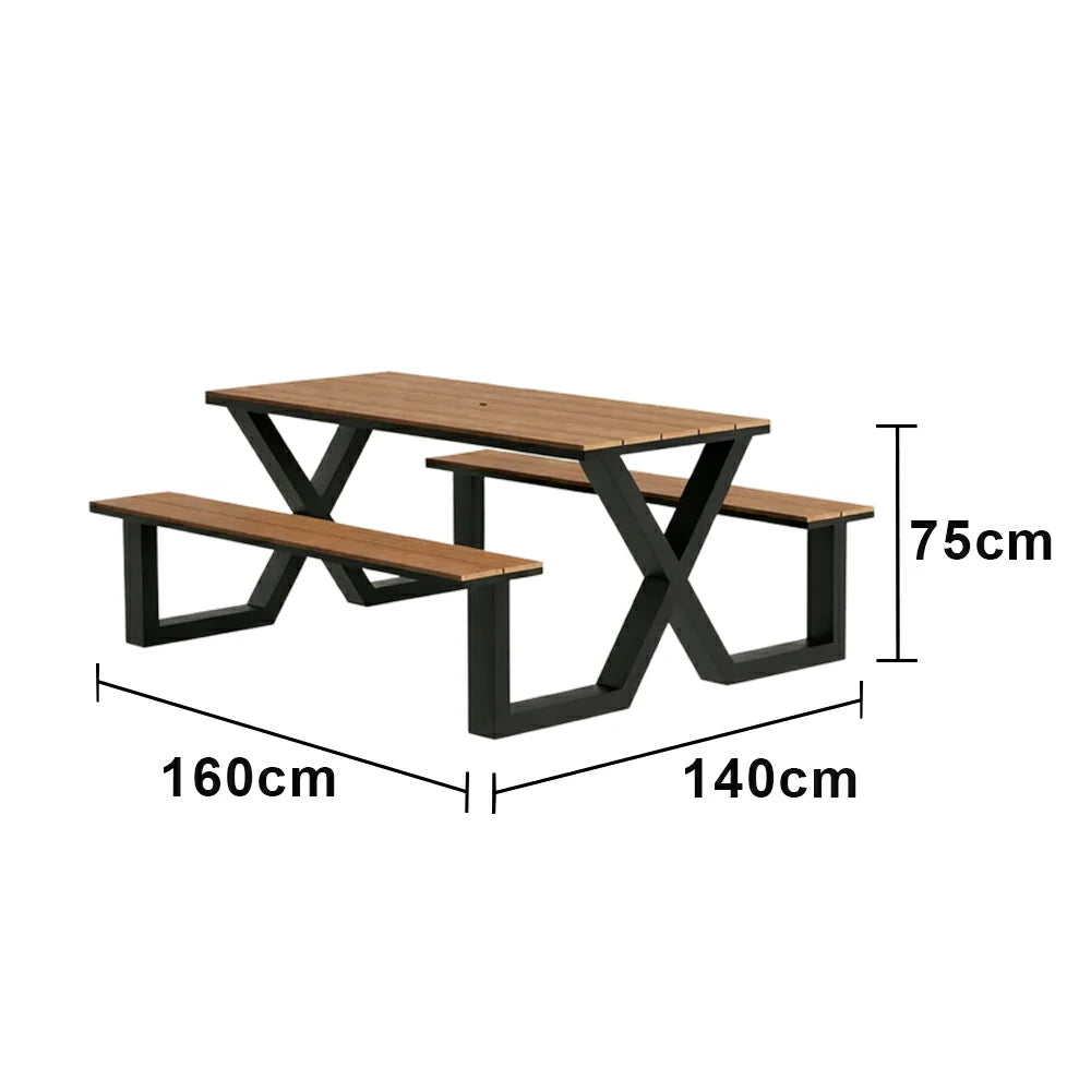 SOLARA Outdoor Table and Chair Set 150cm Waterproof Sun Resistant Plastic Wood Top Carbon Steel Frame Stable Anti Corrosion - Black