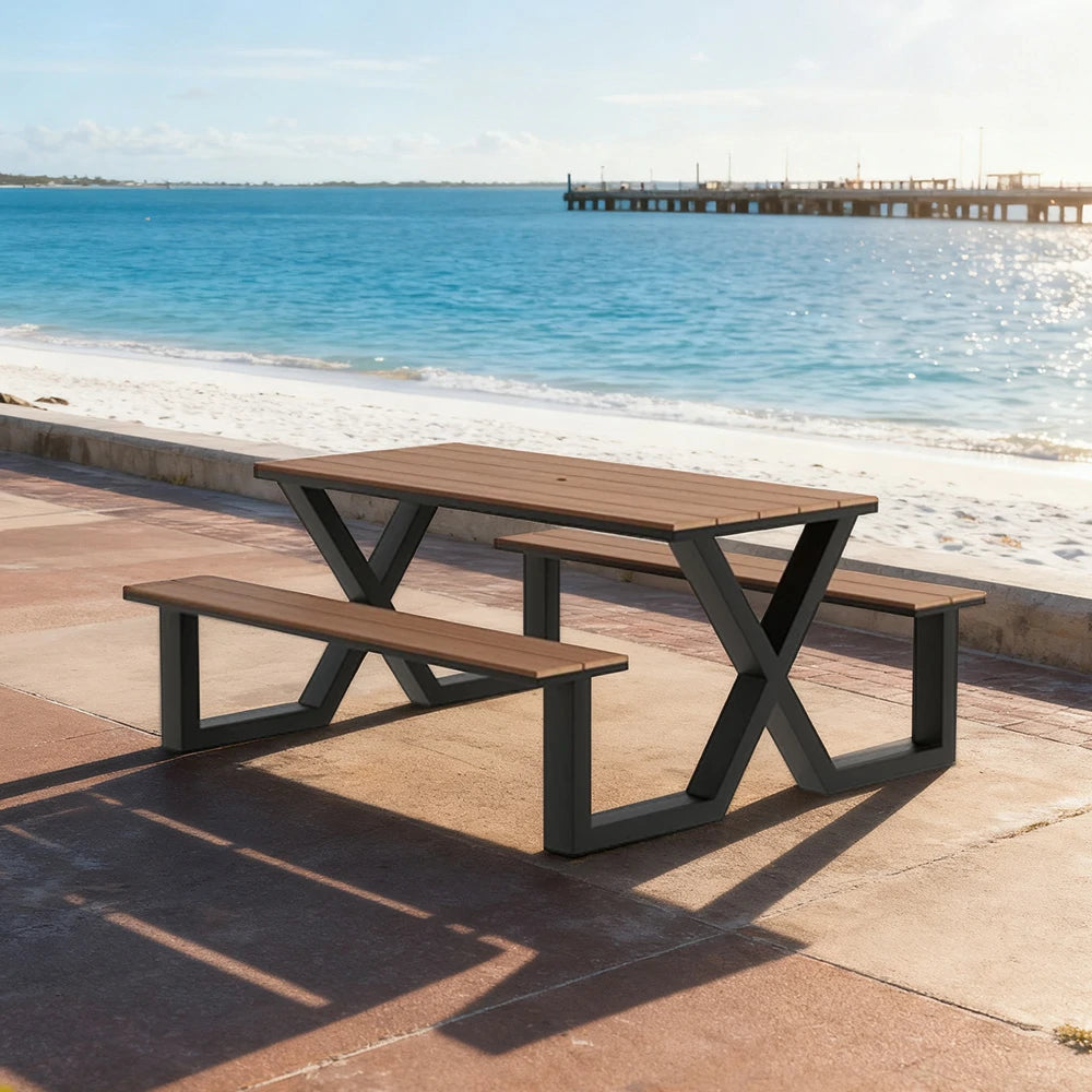 SOLARA Outdoor Table & Chair Set 120/160/200cm Waterproof Sun-Resistant Plastic-Wood Surface Carbon Steel Frame Stable Anti-Corrosion Design - Black